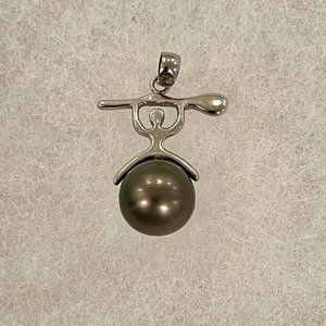 Rare Tahitian Pearl Pendant Canoe Paddler Man Silver
